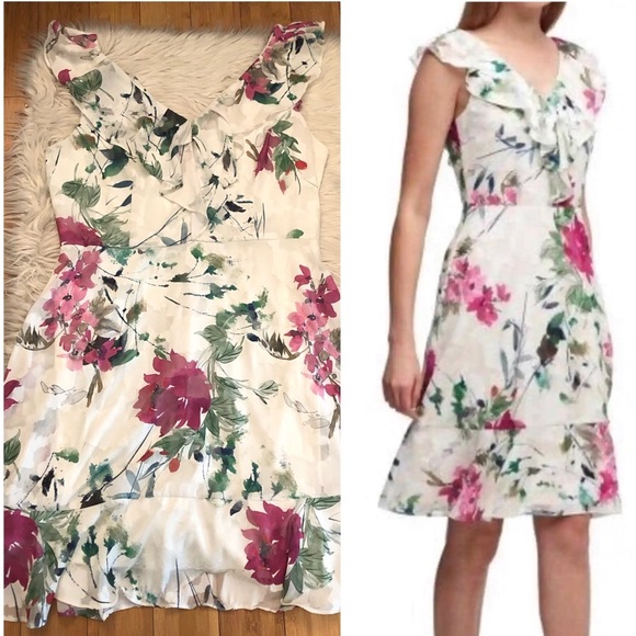 DKNY White Multi Floral Chiffon V-Neck Ruffle Flowy Fit & Flare Women Dress 12 - Picture 1 of 15